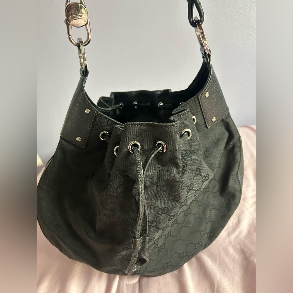 Gucci Black Monogram Drawstring Bucket Bag